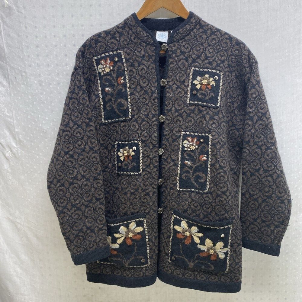 VTG Shetland Wool Sweater Cardigan Women's L Floral Patch Pocket‎ Grandma